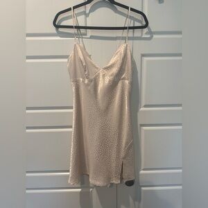Beivy Satin Slip Babydoll Dress Leopard Print Cream Mini Slit Womens Size Small